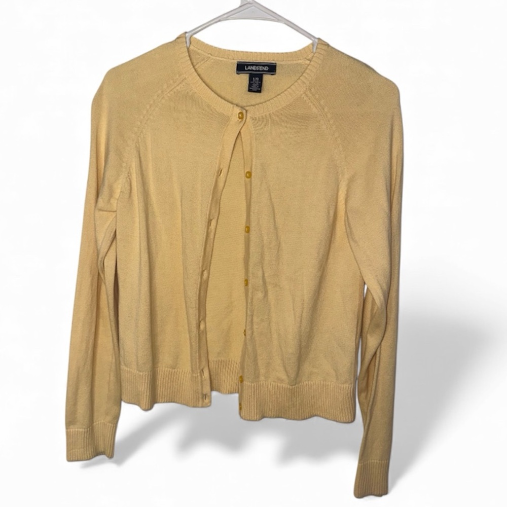 New Lands End Yellow Cardigan Sweater Size Large button Up preppy grandma core